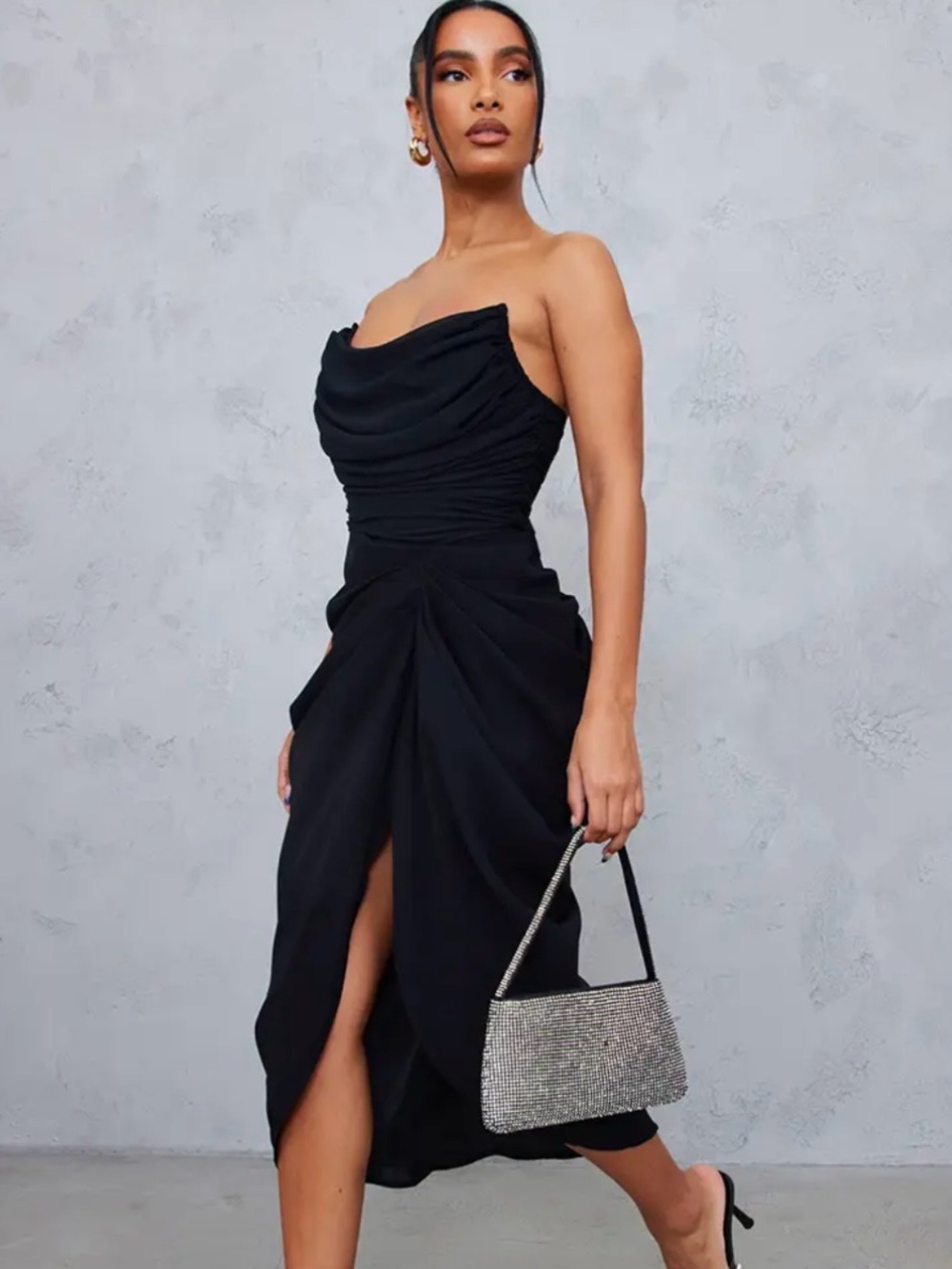 Elegant Black Strapless Draped Evening Dress